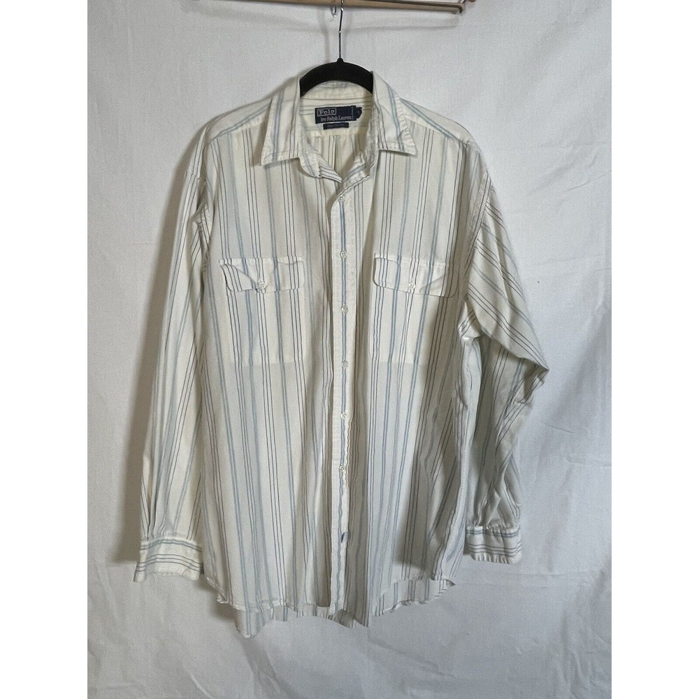 Polo Ralph Lauren Button Down Shirt 2 Pocket White & Blue Stripe  L Cotton Faded
